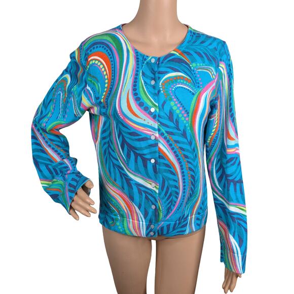Lilly Pulitzer Sweaters - Lilly Pulitzer Blue Paisley Cotton Cardigan M | Rare Older Print Logo Button Vtg
